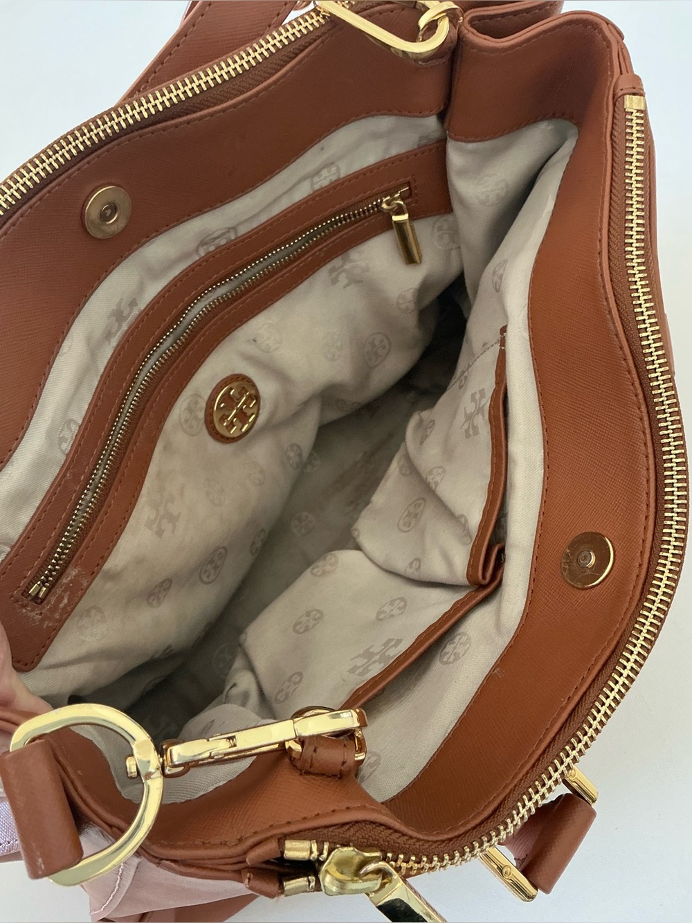 Tory Burch Robinson Double Zip Tote Tan Leather Satchel Crossbody Bag - Picture 7 of 14